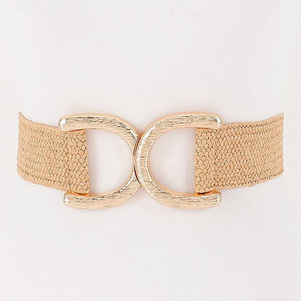 Straw Belt Wide Dual Buckle Elastic Khaki Gold